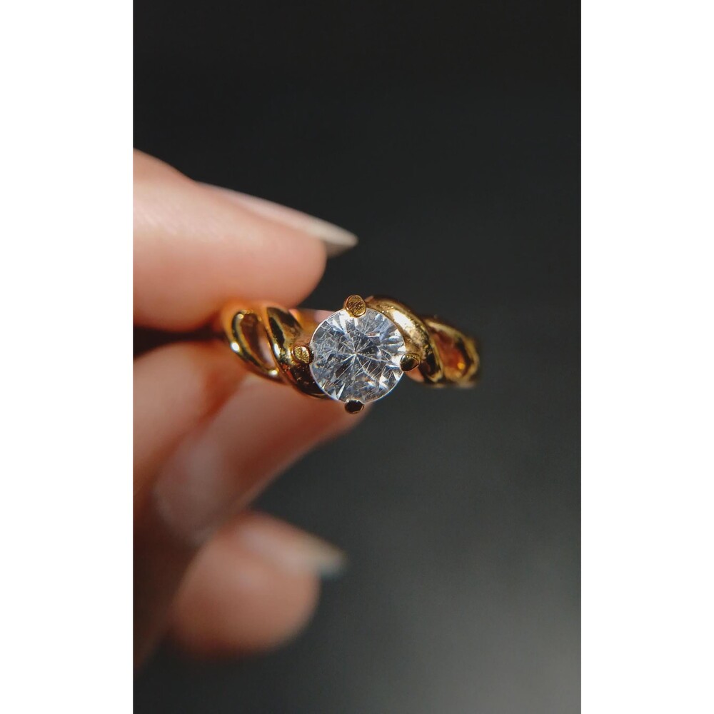 Vintage 14kt Gold Electroplate Crystal Solitaire Twist Band Ring Size 7.5